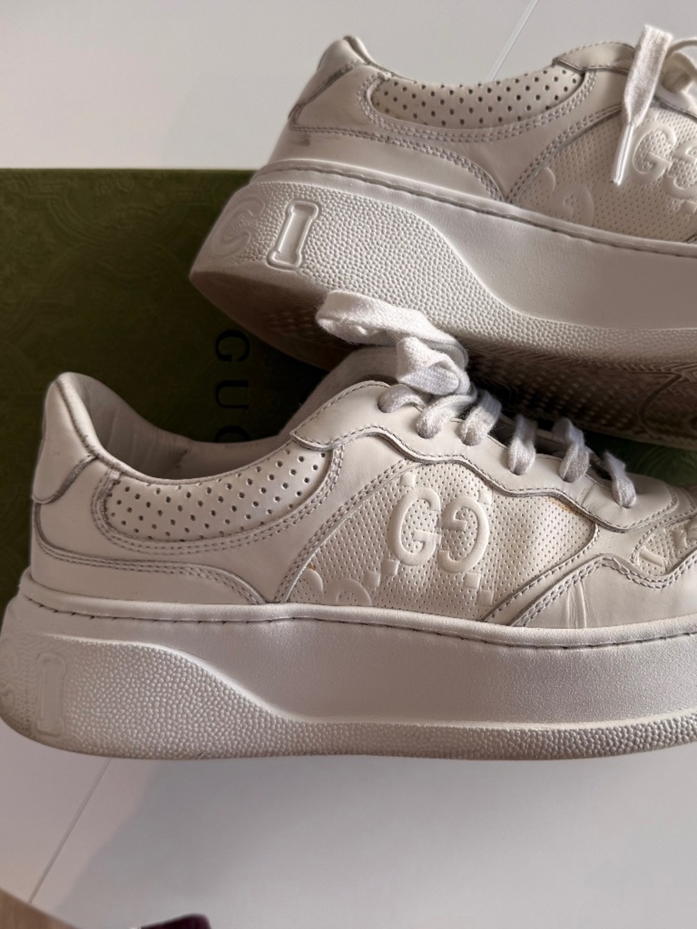 Gucci GG Embossed White Leather Platform Sneakers